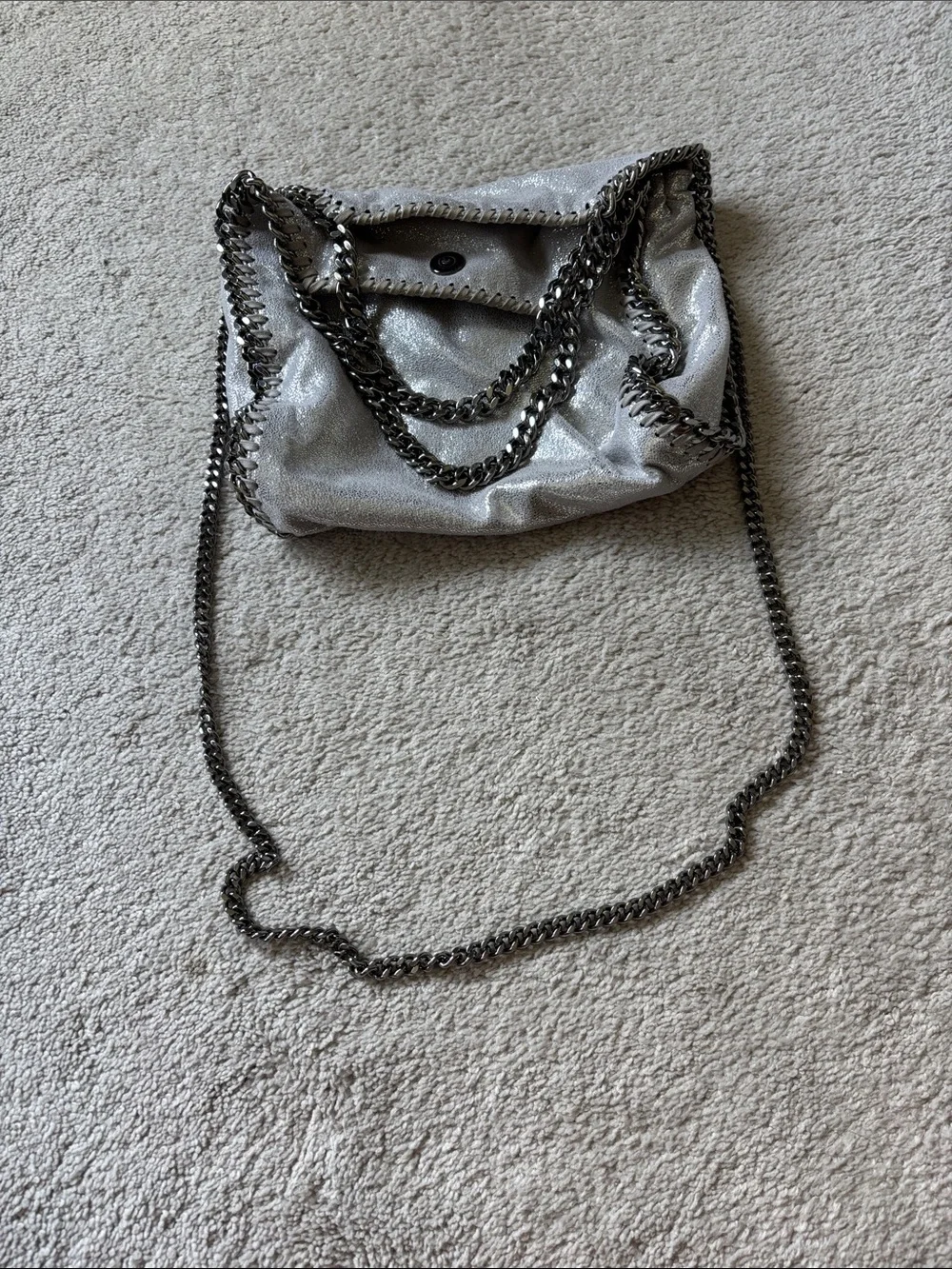 Stella McCartney Metallic Silver Fold-Over Crossbody Bag with Gunmetal Chain